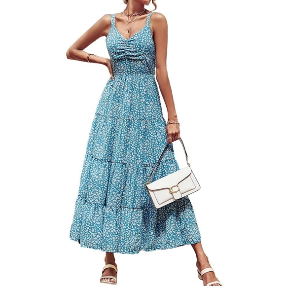 Women's maxi long dress tie back beach dress boho flowy pleated dress floral - Picture 2 of 6